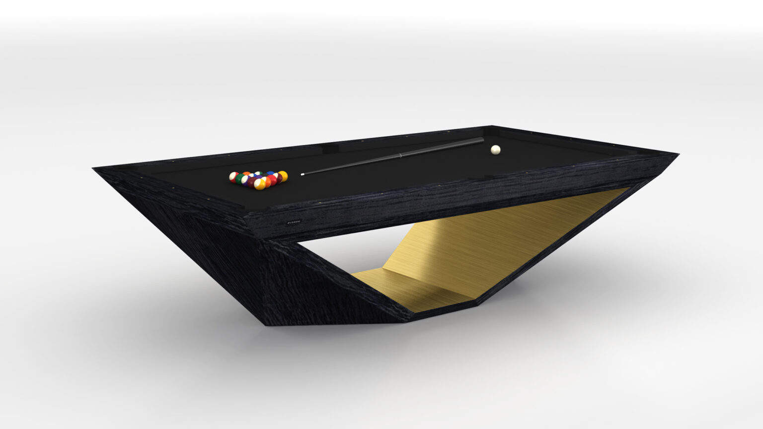 The Stealth Pool Table offers a modern, luxurious design with a black surface and angular base. It features pool balls and a cue stick elegantly displayed on top, blending sleek black and gold tones for an unmatched contemporary appeal.