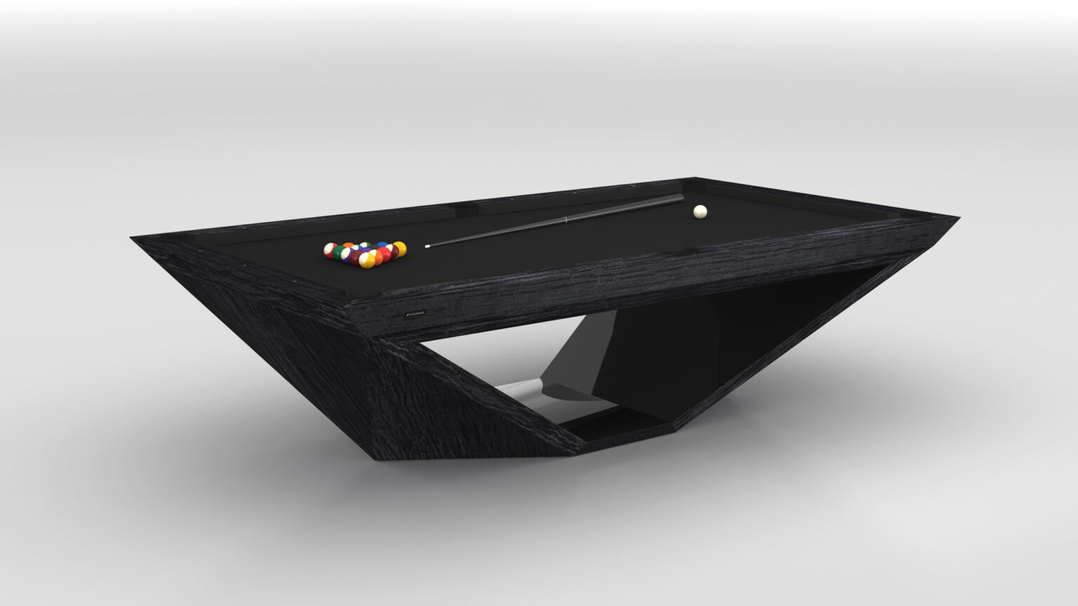 The Stealth Pool Table epitomizes luxury with its modern, angular design. It features a black surface, cue, white ball, and a triangle of colored balls on a unique sculptural base.