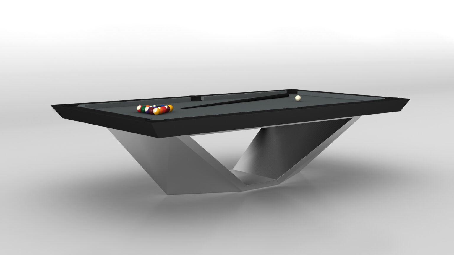 Discover the luxurious Stealth Pool Table featuring a sleek, angular design with a black surface and a distinctive V-shaped metallic base, elegantly displaying billiard balls at one end and a separate cue ball.