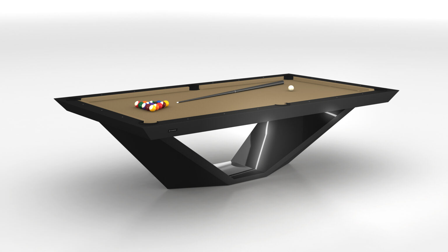 The Stealth Pool Table features a modern, angular black base set against a white background and boasts a beige felt top with a cue stick, triangle rack, and neatly arranged pool balls.