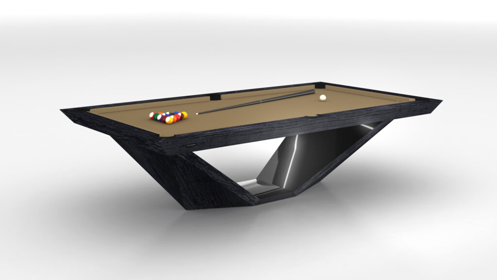 The Stealth Pool Table, a modern black table with a geometric base, boasts luxury. Featuring a brown surface, white cue ball, and a multicolored ball rack, it offers an elegant game experience. A cue stick elegantly rests against the plain white backdrop.