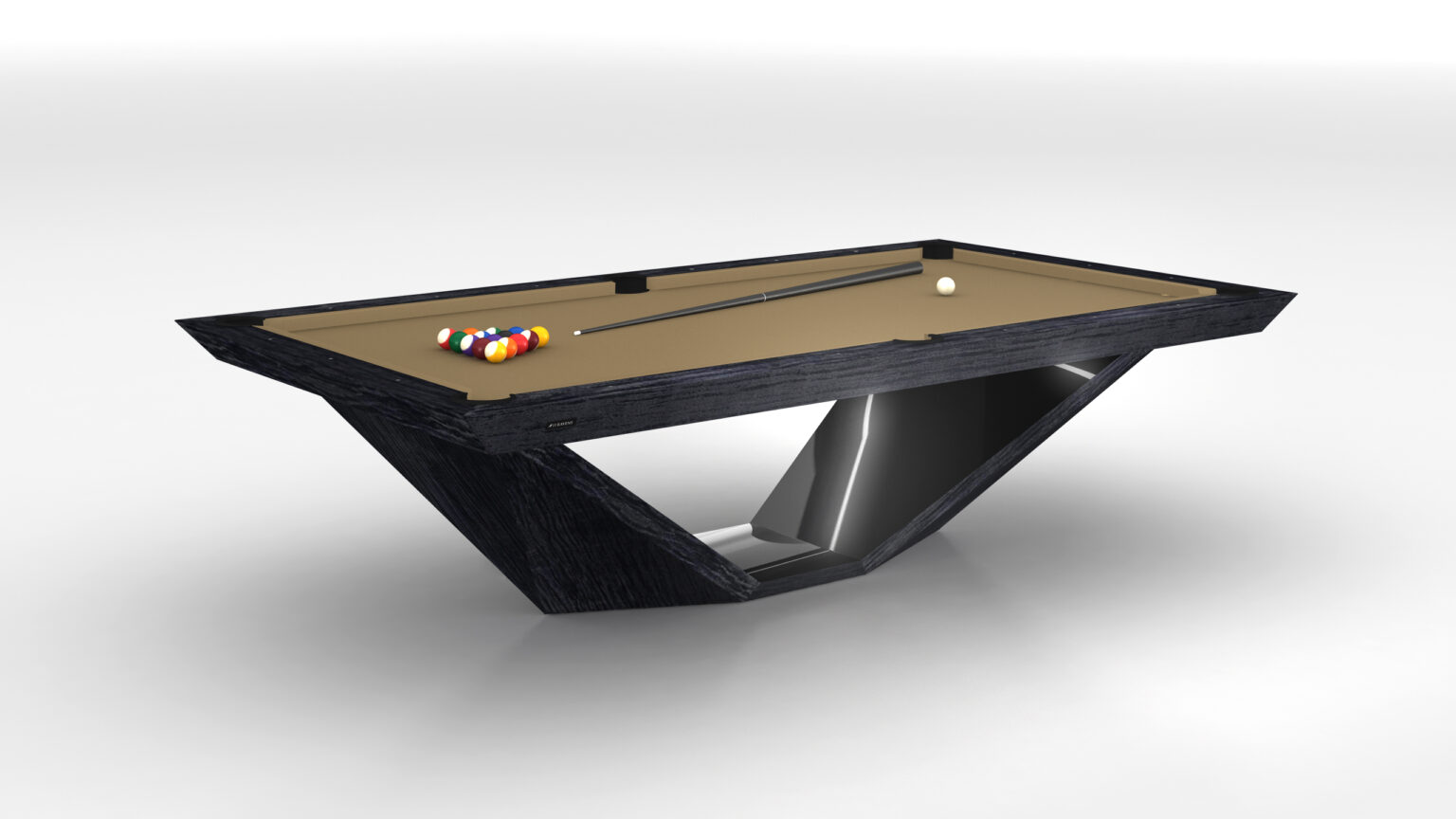 The Stealth Pool Table, a modern black table with a geometric base, boasts luxury. Featuring a brown surface, white cue ball, and a multicolored ball rack, it offers an elegant game experience. A cue stick elegantly rests against the plain white backdrop.