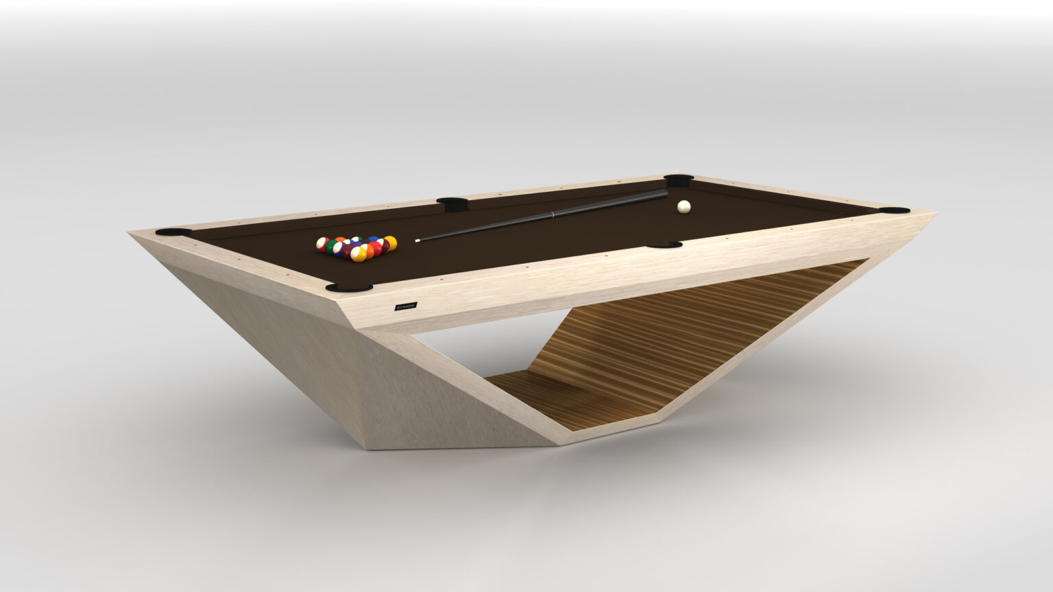 The Stealth Pool Table exemplifies luxury with a modern, stylish design featuring a geometric wooden base and dark playing surface. Neatly arranged pool balls and a cue stick resting atop invite players to enjoy an elegant match.