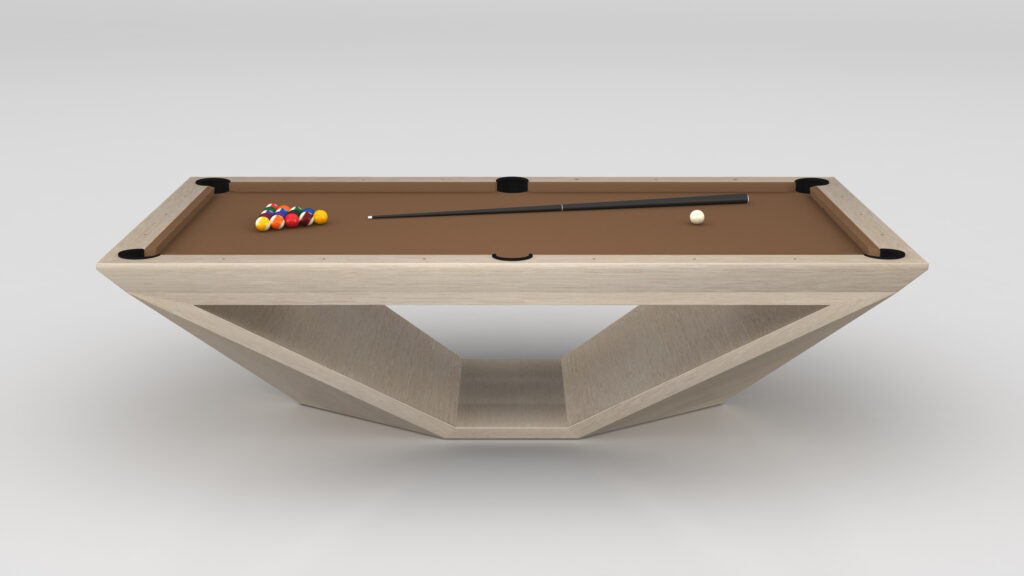 The Stealth Pool Table boasts a modern geometric design with brown felt, white cue ball, and a colorful triangle rack. Its unique angular base blends elegance and entertainment seamlessly.