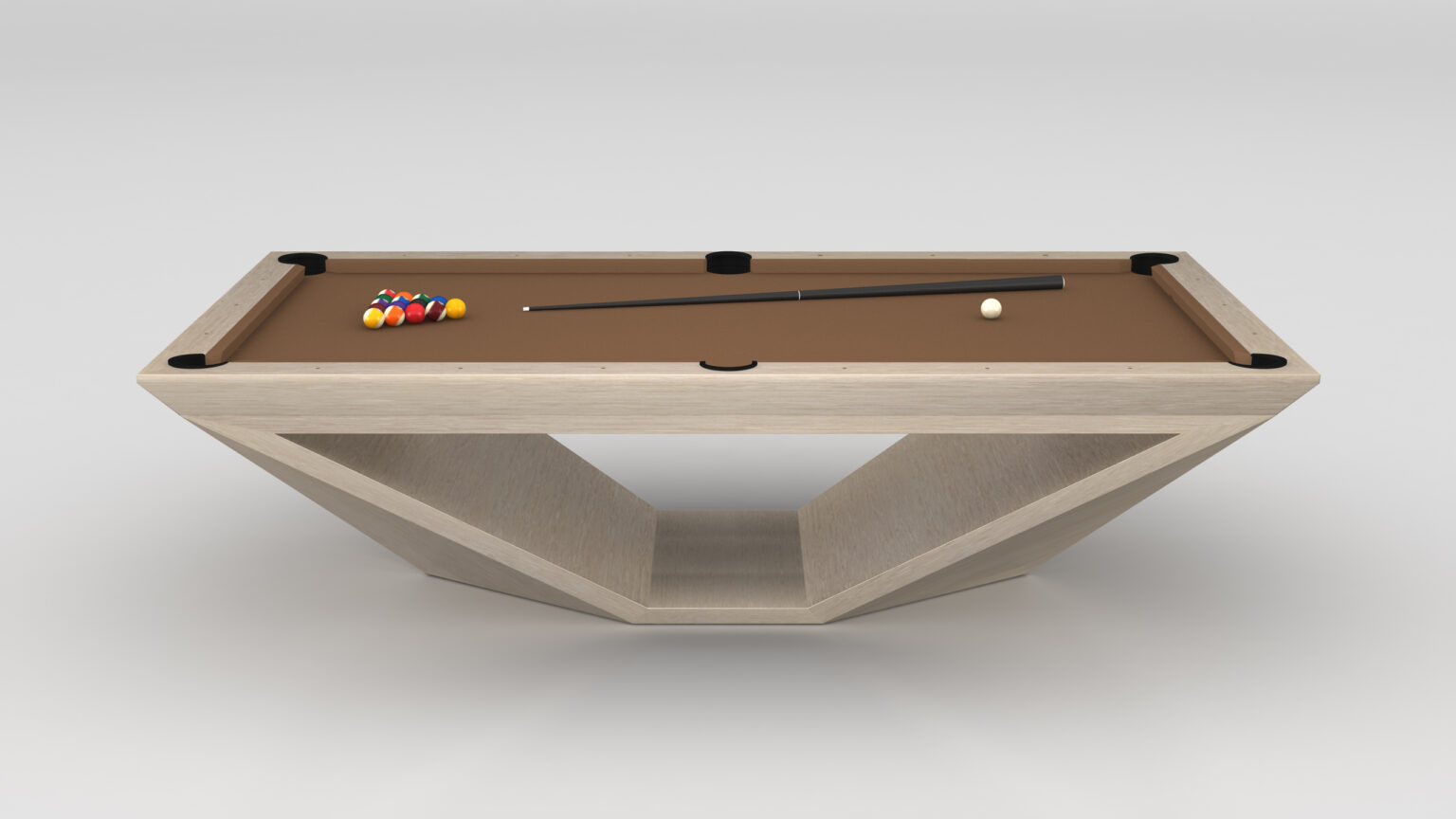 The Stealth Pool Table boasts a modern geometric design with brown felt, white cue ball, and a colorful triangle rack. Its unique angular base blends elegance and entertainment seamlessly.