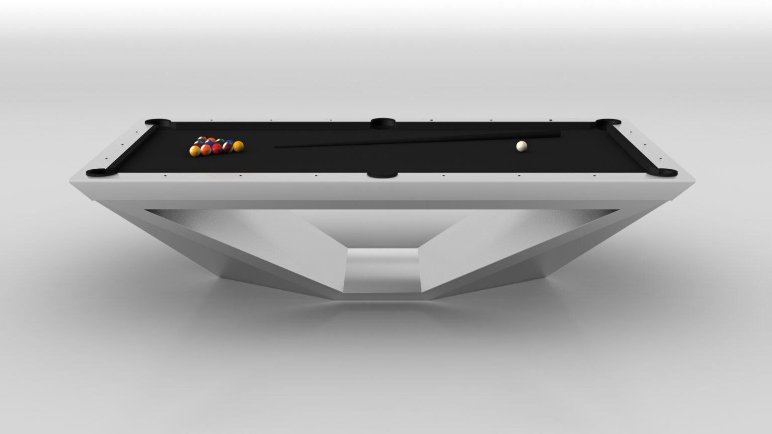 The Stealth Pool Table, a sleek and modern luxury game table with a black surface and geometric frame, features racked billiard balls and a cue stick on one side with a lone white cue ball on the other; all set against a plain white background.