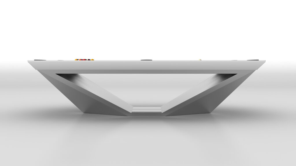 The Stealth Pool Table, featuring a unique triangular base, enhances any minimalist white space with its sleek modern design. Part of our luxury game tables, it exudes sophistication and an elegant surface thats barely visible from the side view.