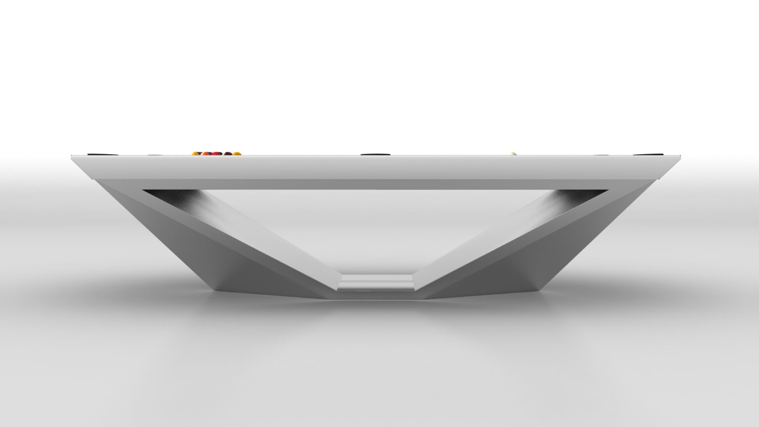The Stealth Pool Table, featuring a unique triangular base, enhances any minimalist white space with its sleek modern design. Part of our luxury game tables, it exudes sophistication and an elegant surface thats barely visible from the side view.
