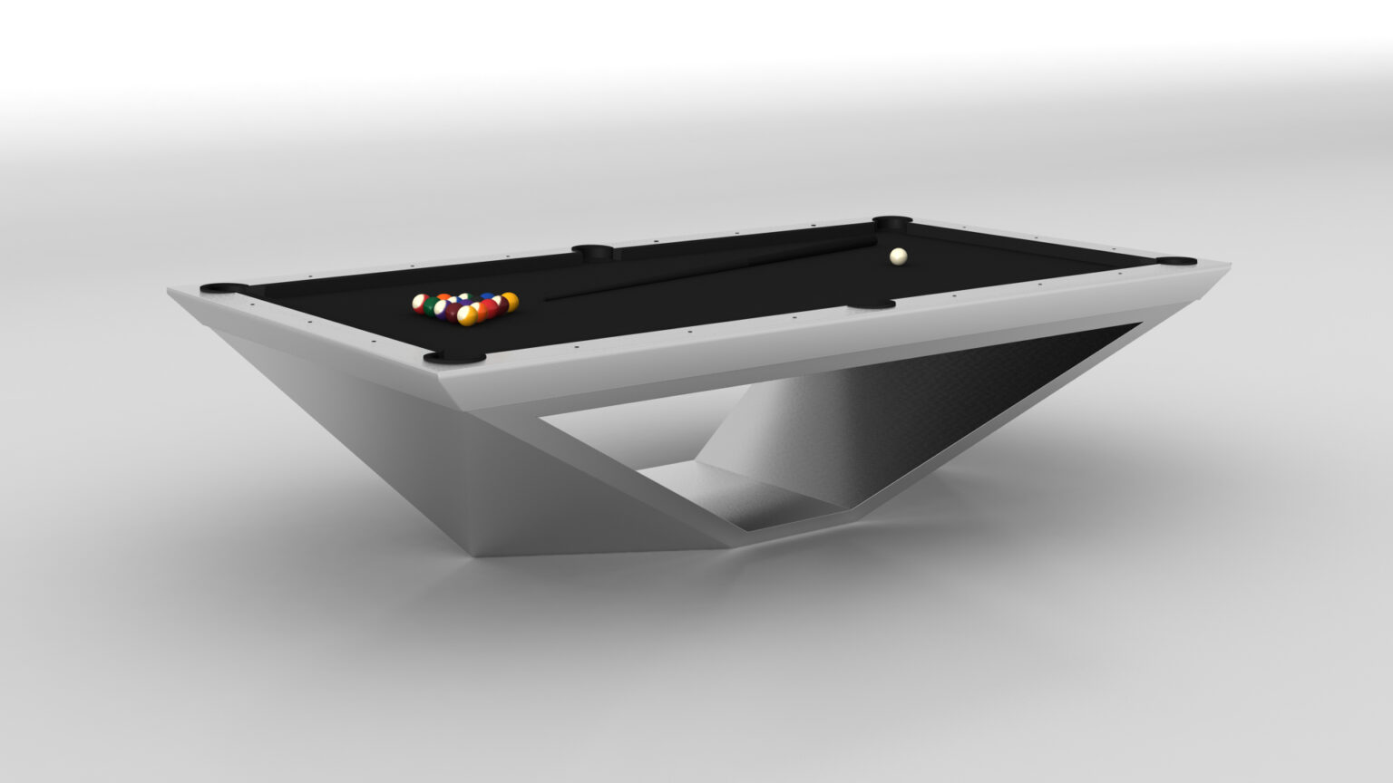The Stealth Pool Table, with a sleek and modern angular base, is the epitome of luxury game tables. It sits on a light gray background with a black felt surface, featuring racked billiard balls ready for play.