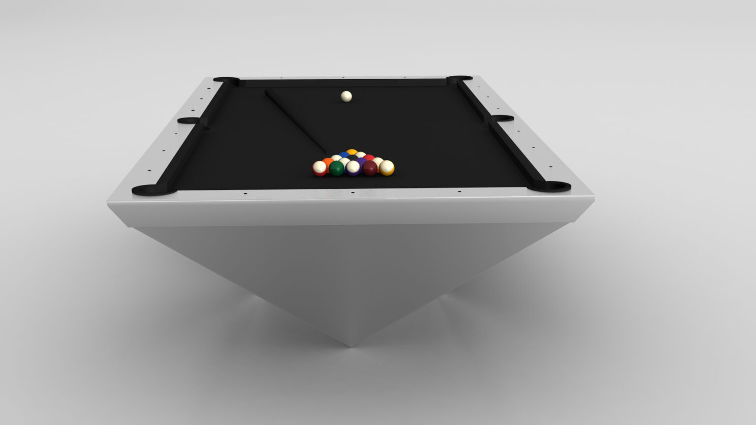 The Stealth Pool Table, featuring a modern triangular design with a sleek white base and black playing surface, exudes luxury. A triangle of billiard balls and a cue stick perfectly complement this sophisticated centerpiece.