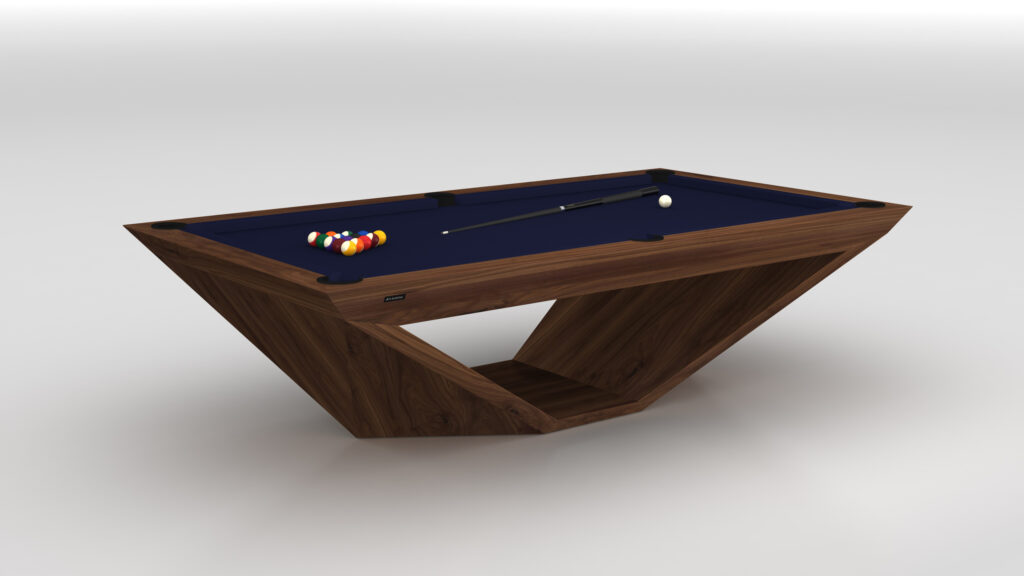 The Stealth Pool Table is a luxury game table featuring a sleek wooden base, blue playing surface, cue stick, and set of colorful balls. Its distinctive geometric support structure adds an elegant touch to any space.