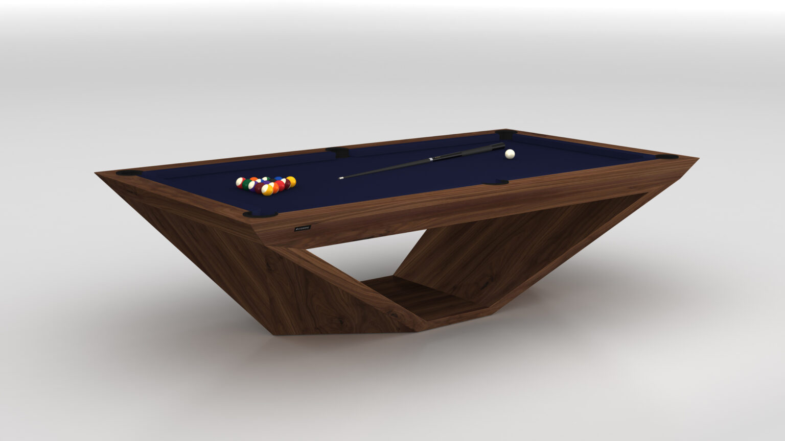 The Stealth Pool Table is a luxury game table featuring a sleek wooden base, blue playing surface, cue stick, and set of colorful balls. Its distinctive geometric support structure adds an elegant touch to any space.