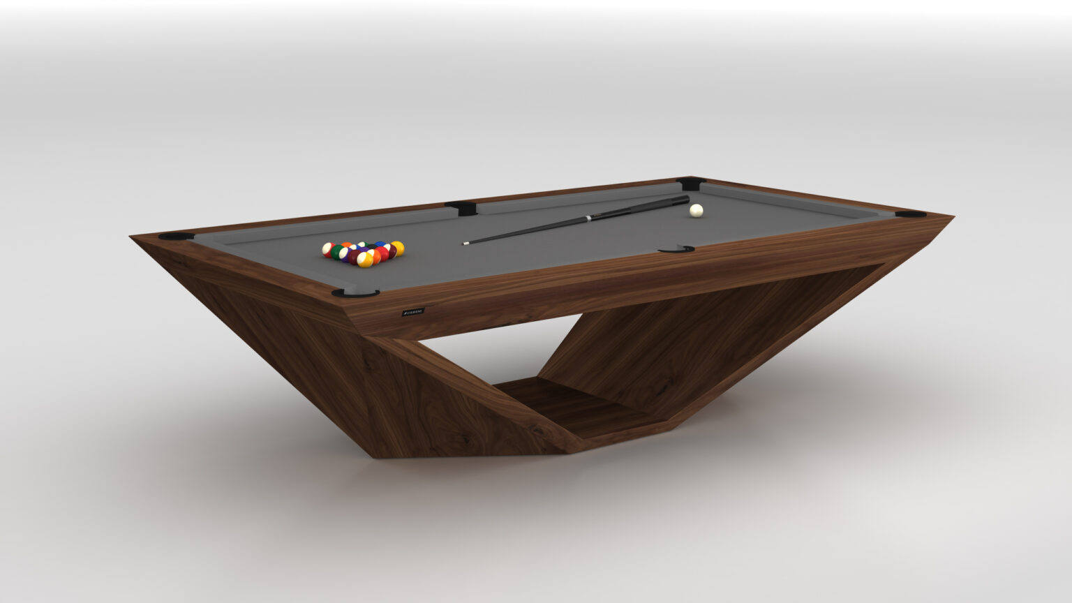 The Stealth Pool Table is a modern, sleek luxury game table with a geometric wooden base and a gray playing surface adorned with billiard balls and a cue stick.