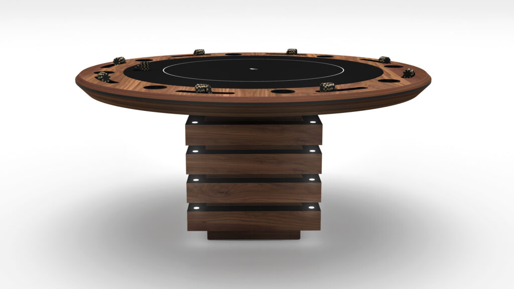 The Arclight Round Poker Table boasts a luxurious wooden finish, featuring cup holders and a black playing surface. Its premium design includes a stacked, geometric base with dice detailing along the edge, set against a plain white background.