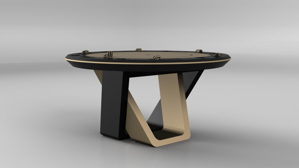 The Avettore Round Poker Table, featuring a modern circular design with a black and beige scheme on a geometric base, sits in a minimalist setting. It exudes luxury with small metallic accents along the edge against its smooth gray gradient background.