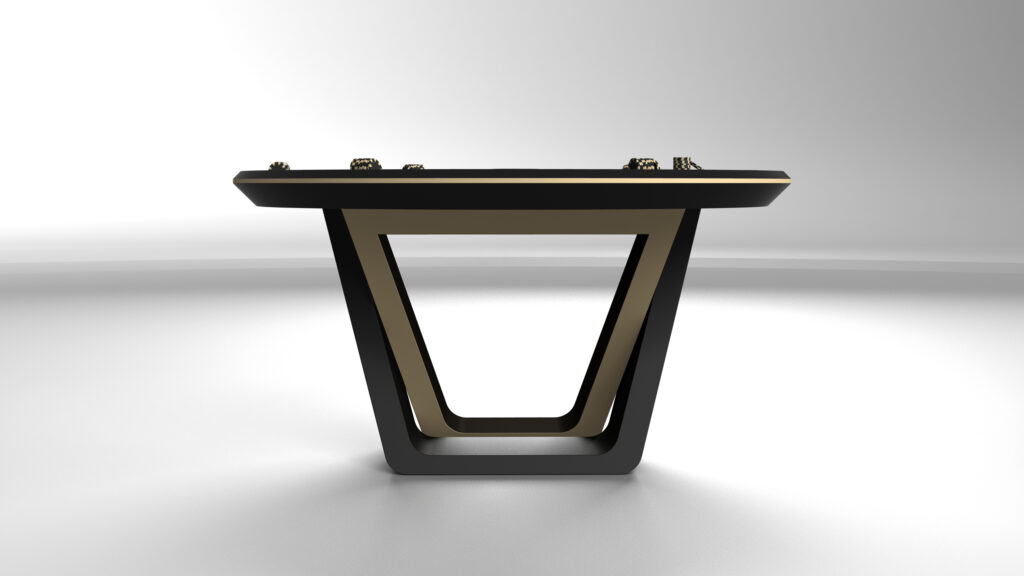 The Avettore Round Poker Table features a modern geometric design with a black and beige angular base and flat rectangular top, showcased in a minimal, light-filled space.