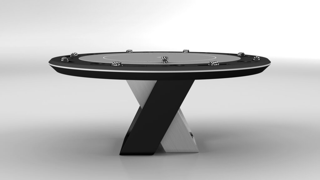 The Avettore Round Poker Table features a modern design with a black and silver base and two intersecting legs, displayed against a plain white background.