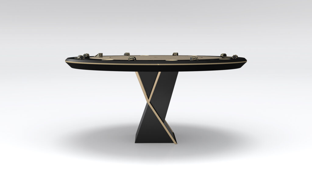 The Macan Round Poker Table is a modern, round luxury game table with a black and gold color scheme. It features a unique cross-shaped pedestal base, card placeholders, and chip trays on the surface, set against a plain white background.