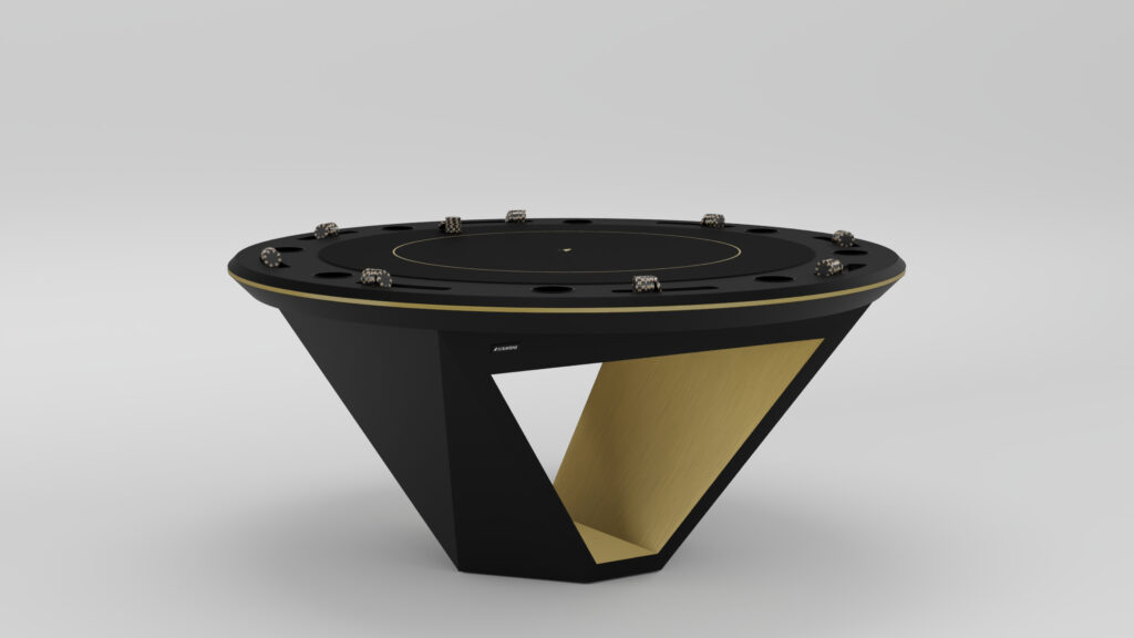 The Stealth Round Poker Table features a black and gold geometric base, a round black tabletop with built-in cup holders and card slots, shown on a plain white background.