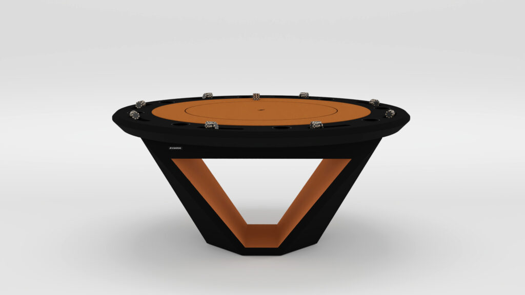 The Stealth Round Poker Table boasts a modern circular design with an orange playing surface, triangular black base, built-in cup holders, and a sleek contemporary style.
