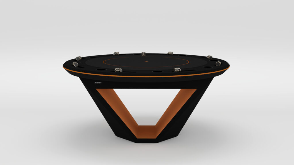 The Stealth Round Poker Table features a modern, circular black design with an orange accent and triangular base, six pockets, and a sleek, futuristic look, displayed against a plain white background.
