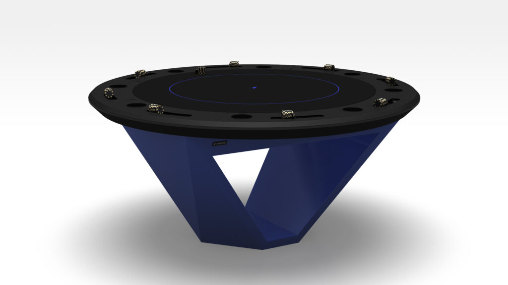 The Stealth Round Poker Table features a black top with subtle gold accents and a blue, geometric triangular base, shown against a plain white background.