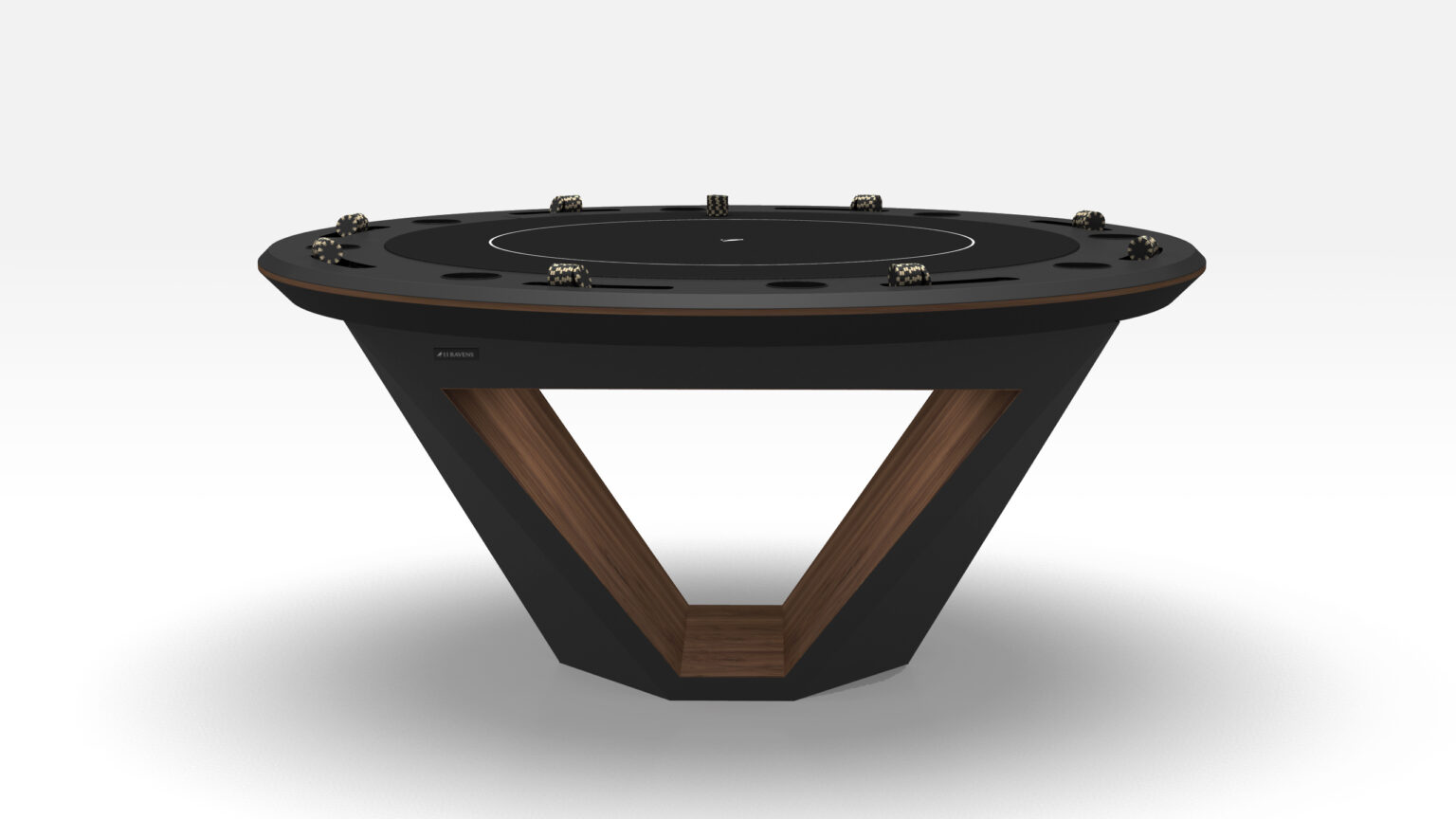 The Stealth Round Poker Table features a modern, sleek black circular top with a unique V-shaped wooden base. It includes dice and cup holders around the edge. The tabletop has a matte finish with minimalistic design elements on a plain white background, embodying luxury game table elegance.