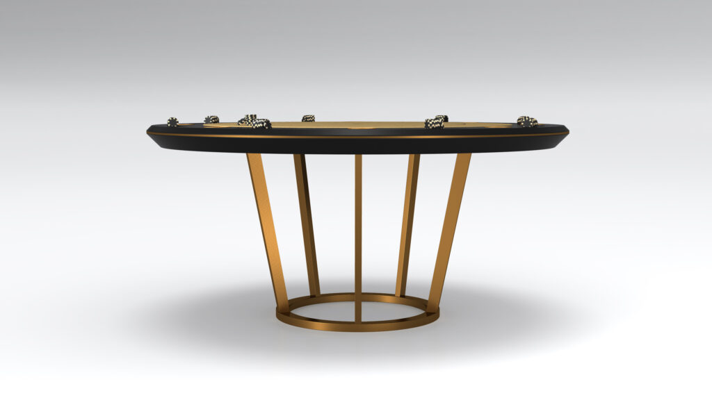 The Vitro Round Poker Table is a luxurious, modern game table featuring a black oval top and gold geometric legs. Six black and white patterned stones are arranged on its surface, while the plain white background enhances its sleek, contemporary design.