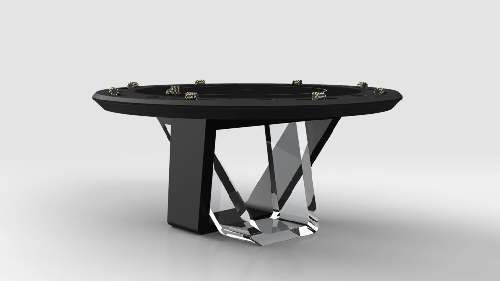 The Avettore Round Poker Table, a modern black table with a sleek geometric design, epitomizes luxury with its circular tabletop on a unique transparent V-shaped base, accented by gold details. The background is light gray.