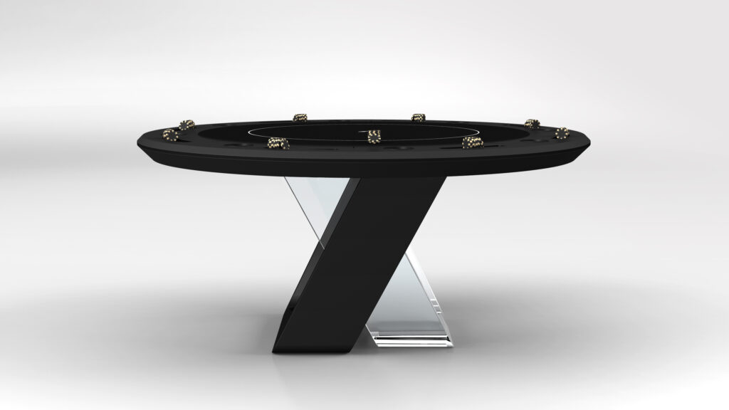 The Avettore Round Poker Table, a modern black and transparent circular table with a sleek intersecting leg design, exudes elegant luxury game-table vibes against a plain white background.