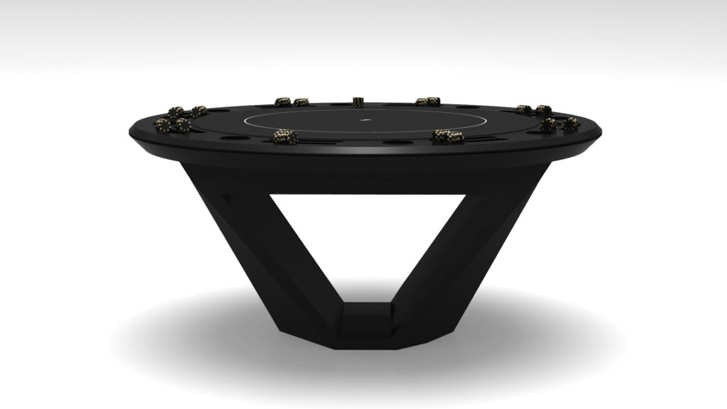 The Stealth Round Poker Table features a modern design with black triangular legs and subtle gold accents spaced evenly around the edge, shown against a plain white background.