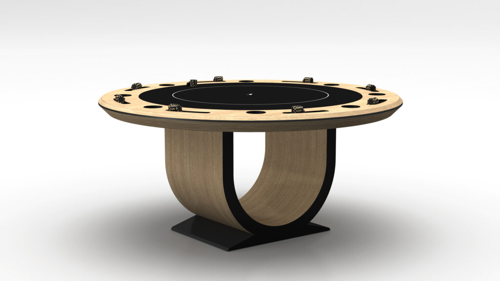 The Theseus Round Poker Table combines elegance and functionality with its circular design, featuring a wooden top, black playing surface, integrated chip trays, and a unique curved base ideal for gaming enthusiasts.