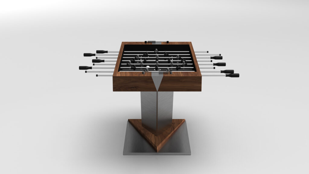 The Mitchell Foosball Table is a luxury piece featuring a modern design with a wooden top, metallic base, and black handles and rods against a sleek white background, epitomizing sophisticated style.