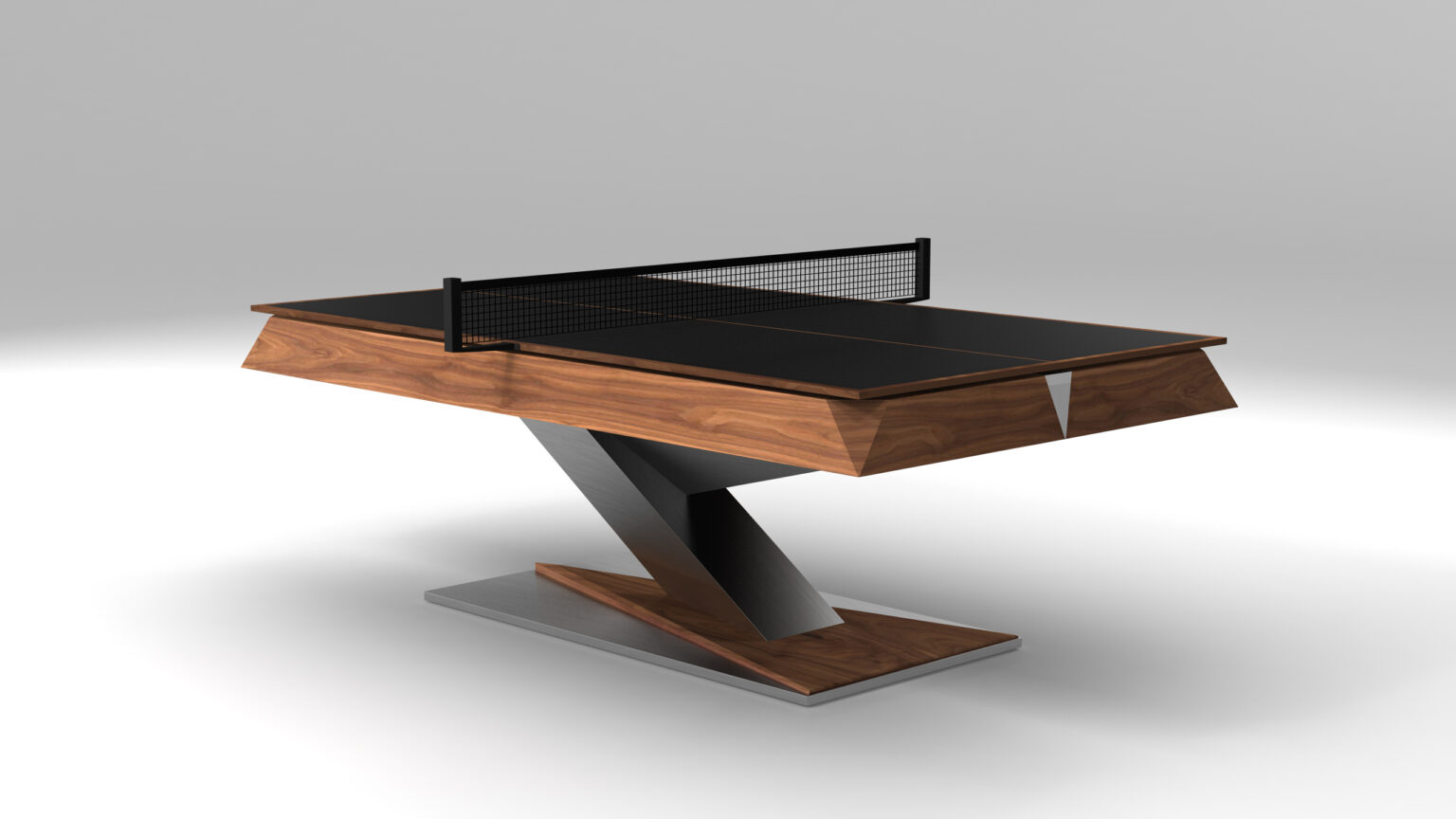 The Mitchell Ping Pong Table features a sleek wooden frame, black playing surface, and an angular Z-shaped base, shown against a plain light gray background.