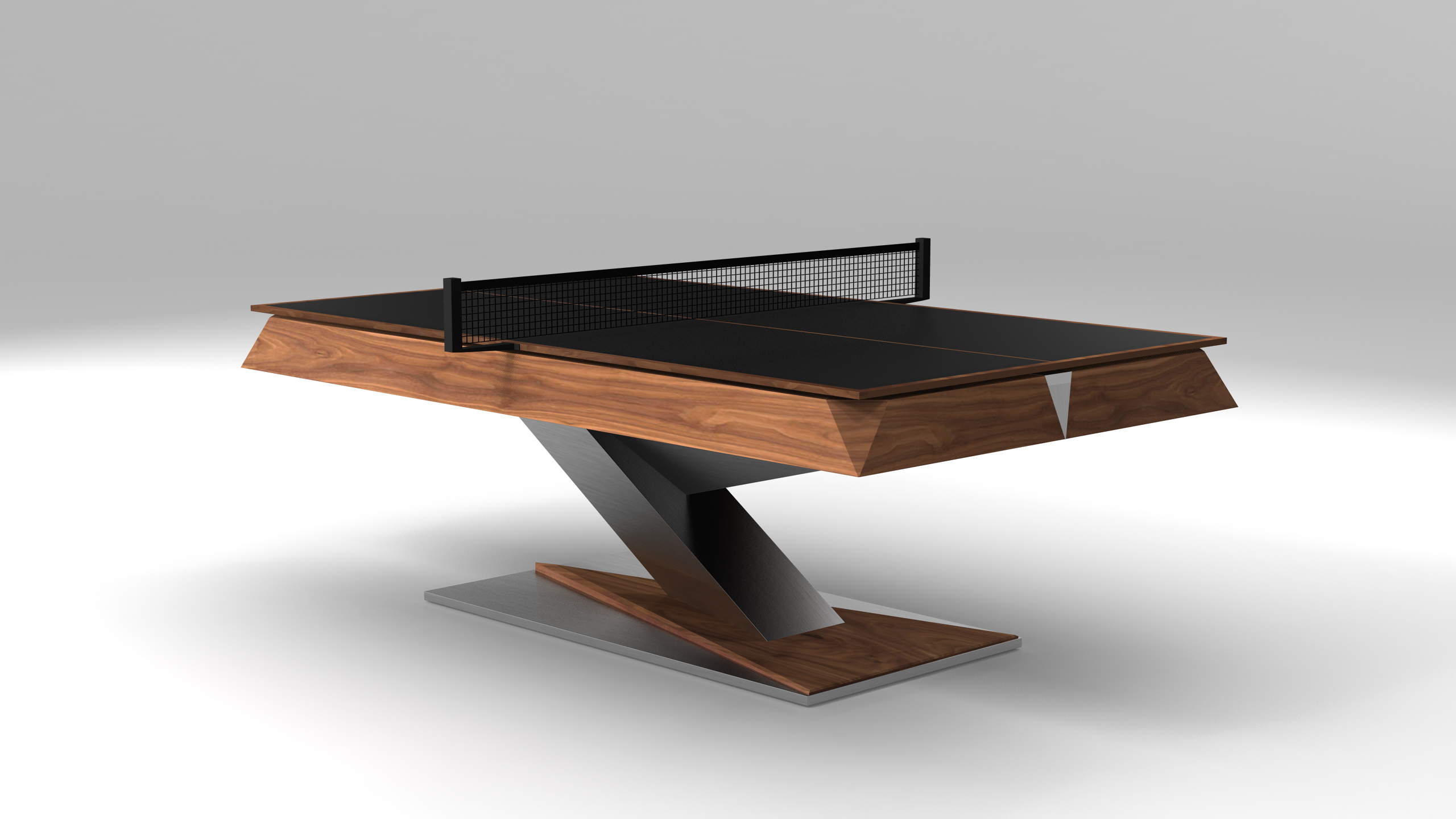 The Mitchell Ping Pong Table features a sleek wooden frame, black playing surface, and an angular Z-shaped base, shown against a plain light gray background.