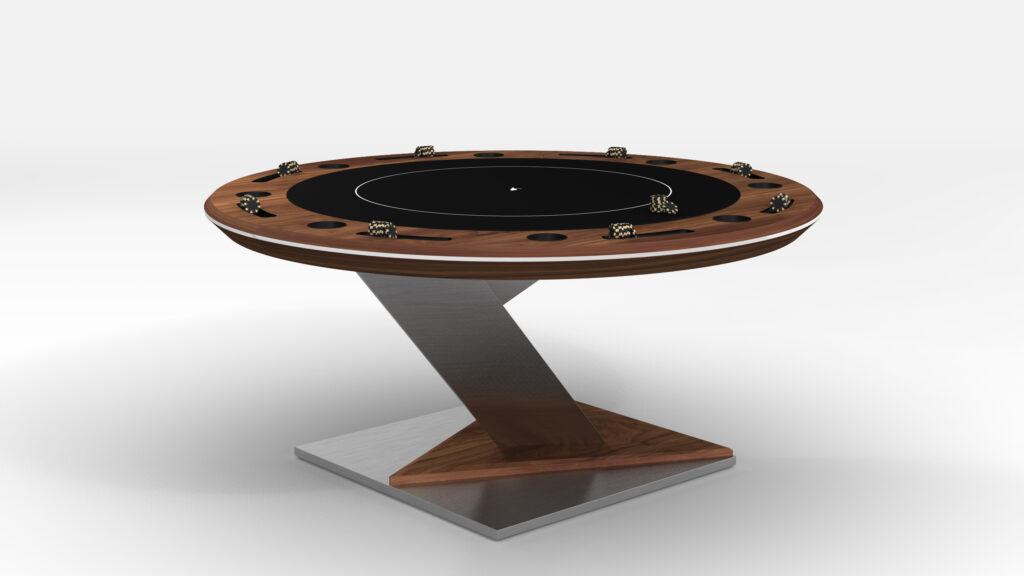 The Mitchell Ping Pong Table is a luxury game table featuring a wooden circular top with defined player positions and a sleek metal pedestal base. Its minimalist design is elegantly displayed against a plain white background.