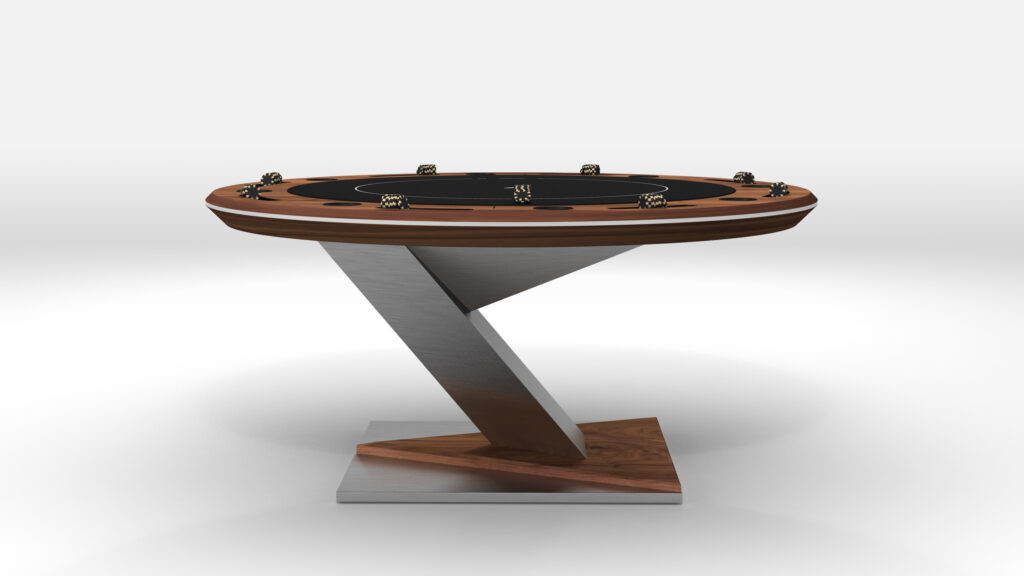 The Mitchell Ping Pong Table, a luxury game table, features a modern circular design with a stylish wooden edge and sleek black playing surface. Its angular base artfully blends wood and metal, enhanced by dice and chips on a simple white background.
