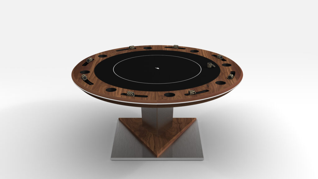 The Mitchell Ping Pong Table, featuring a round wooden finish and black playing surface, exudes luxury. Complete with cup holders and card slots, it stands on a chic triangular wood and metal base. The elegant design is enhanced by its pristine white backdrop, adding sophistication.