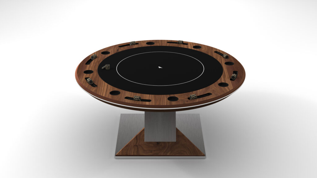 The Mitchell Ping Pong Table is luxurious, round with a sleek wooden finish and a black center. It features integrated slots with small model cars around the edges and is supported by a sturdy, square metal base.