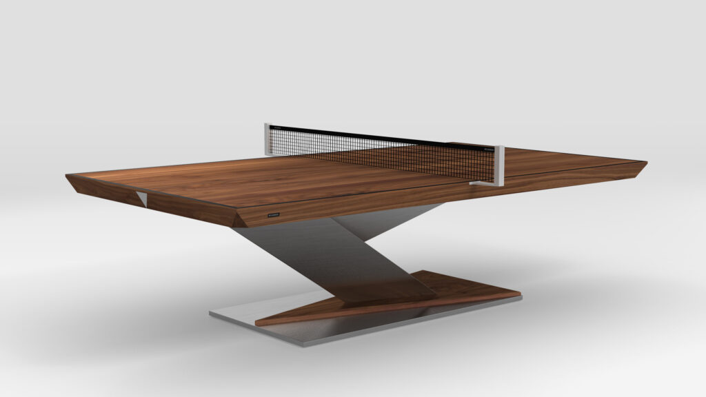 The Mitchell Ping Pong Table is a luxury game setup with a sleek wooden top and geometric metal base, featuring a black mesh net. Its design blends contemporary style with traditional function against a crisp white background.