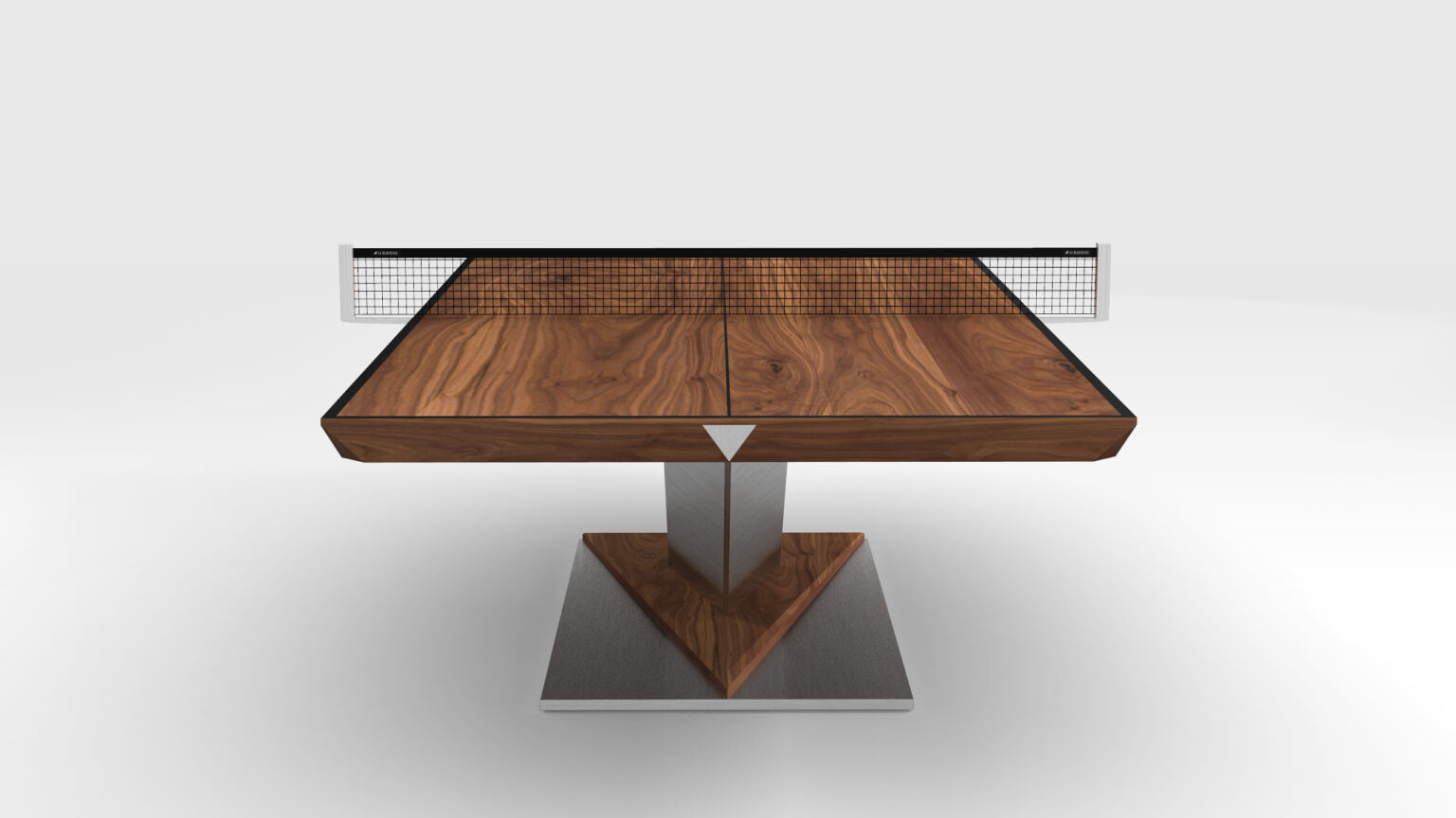 The Mitchell Ping Pong Table offers a modern look with a luxurious wood finish and sleek metallic base, seen from the nets perspective. It features clear netting and boasts a striking triangular design detail beneath the tabletop.