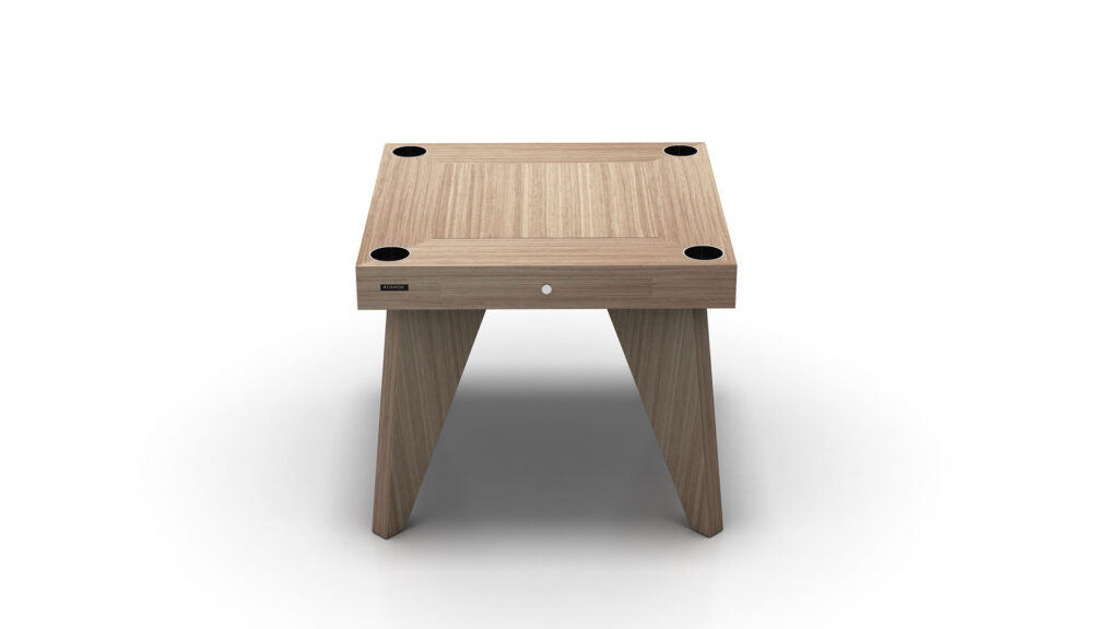 The Arclight Chess / Backgammon / Card Table is a modern, square wooden table with minimalist lines resembling luxury game tables. It features dark circular corner inserts and two angled legs, creating a sleek design that stands out elegantly against a white background.