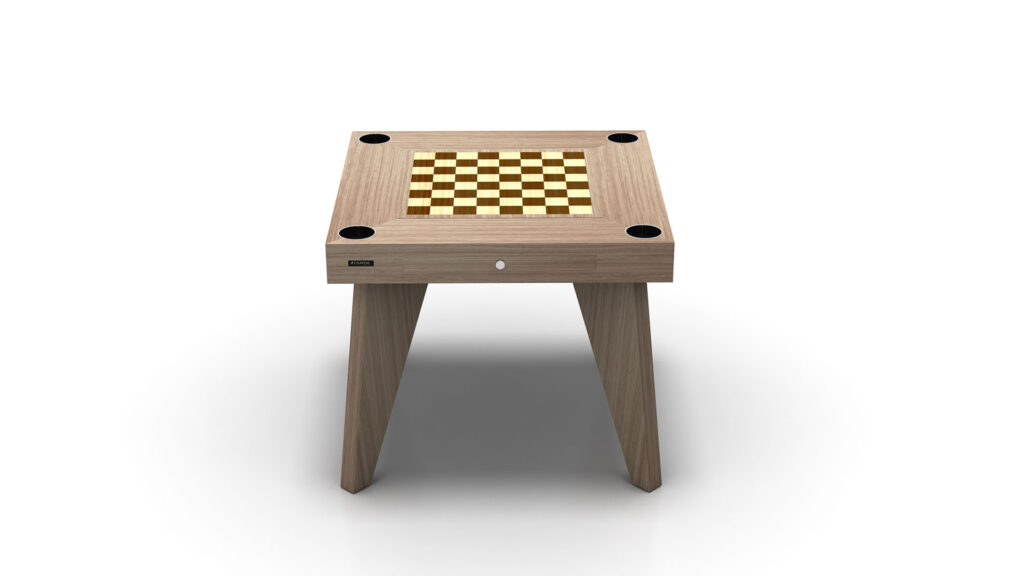 The Arclight Chess / Backgammon / Card Table is a luxury wooden game table with a square built-in checkered chessboard, four angled legs, and circular cup holders at each corner for an elevated gaming experience.
