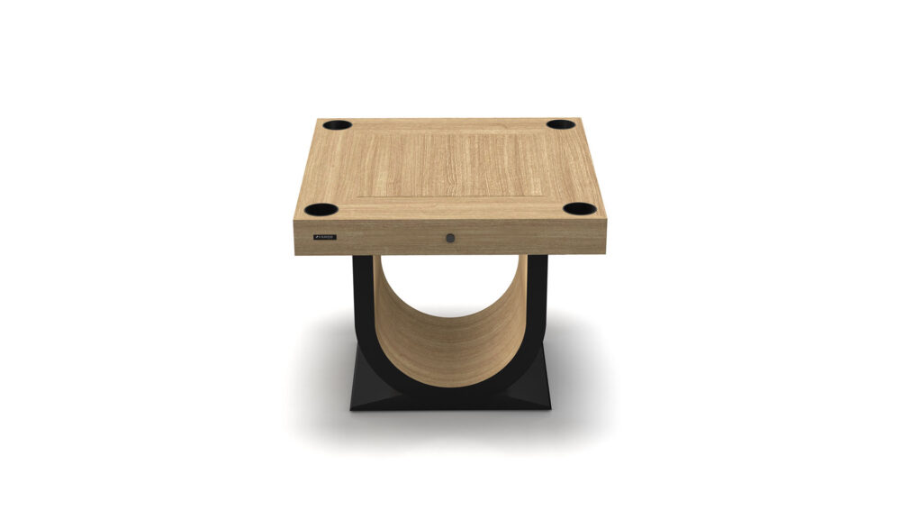 The Arclight Chess / Backgammon / Card Table features a square wooden top with rounded corners, sitting on a curved black pedestal base. It exudes luxury with a smooth finish and black accents at each corner, perfect for modern game sessions.