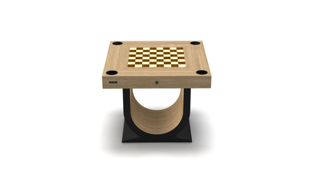 The Arclight Chess / Backgammon / Card Table features a distinctive curved base with a modern wooden finish, along with a checkered board top. It exemplifies luxury game tables and stands elegantly on a black square platform.