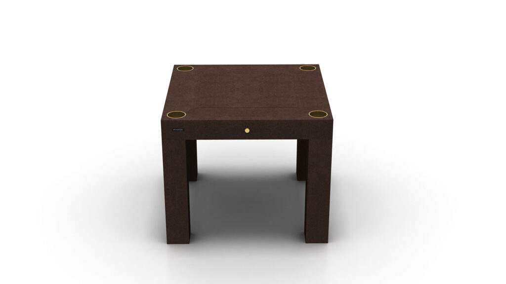 The Arclight Chess / Backgammon / Card Table is a dark brown, square luxury game table with gold-accented corners set against a white background, featuring a minimalist design with straight legs and a smooth surface.