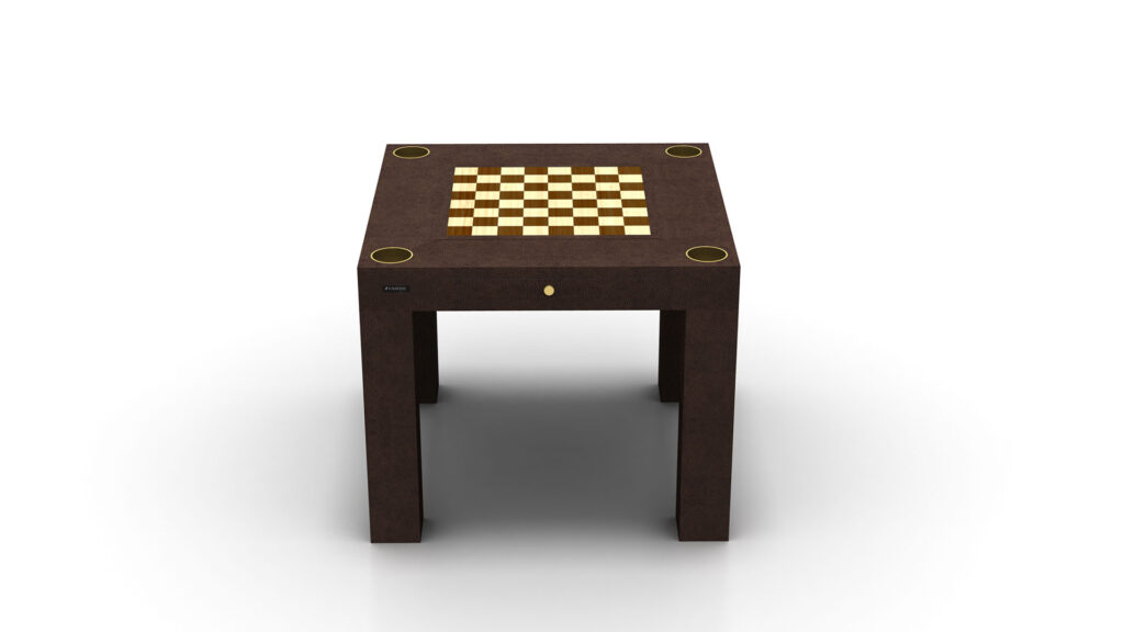 The Arclight Chess / Backgammon / Card Table is a small, square wooden table with a built-in brown and beige checkered chessboard, epitomizing luxury game tables. It stands elegantly on four sturdy legs against a plain white background.