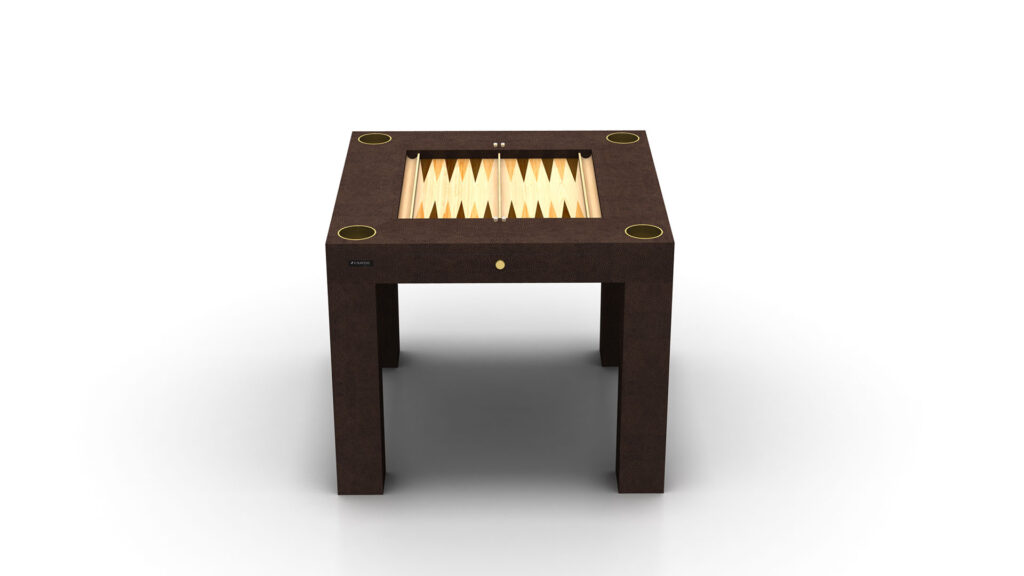 Experience the Arclight Chess / Backgammon / Card Table, a luxury piece with a modern backgammon design, sleek dark wood finish, and built-in game board. Its tabletop boasts a classic backgammon pattern in contrasting wood tones and elegant corner accents.