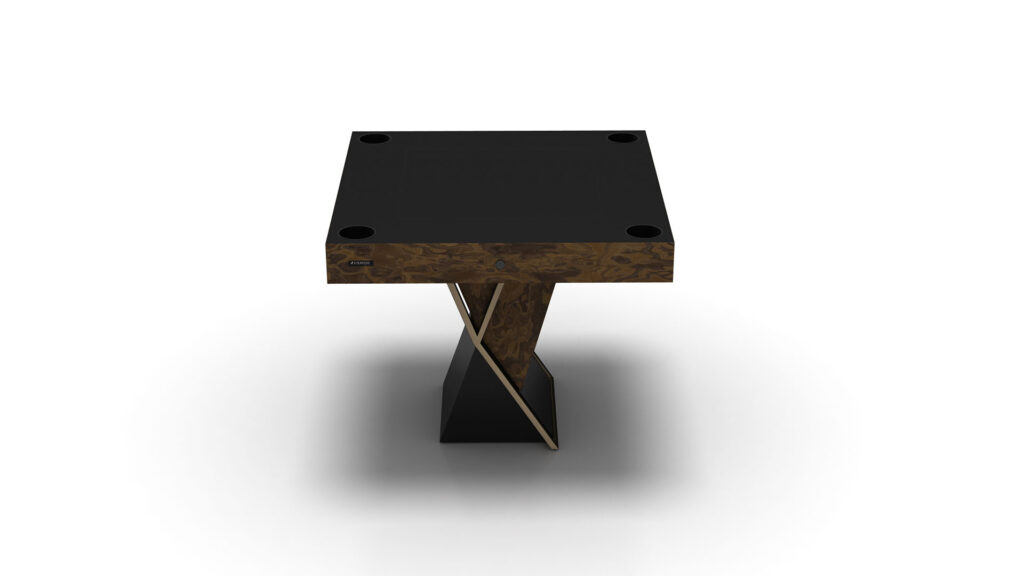 The Arclight Chess / Backgammon / Card Table boasts a modern, square luxury design with a black surface and an artistic, twisted wooden base, featuring geometric shapes in a sleek, contemporary style.
