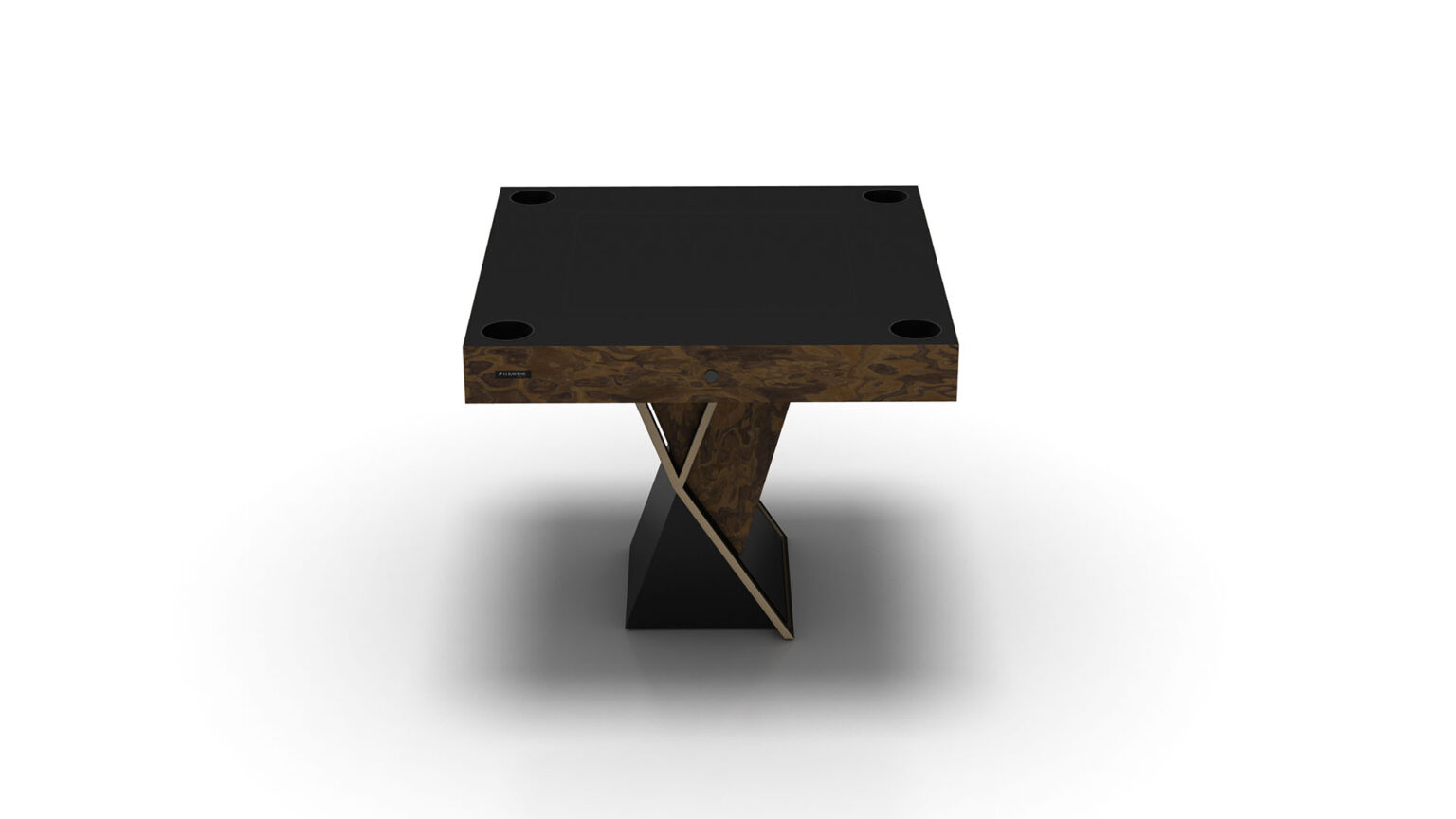 The Arclight Chess / Backgammon / Card Table boasts a modern, square luxury design with a black surface and an artistic, twisted wooden base, featuring geometric shapes in a sleek, contemporary style.